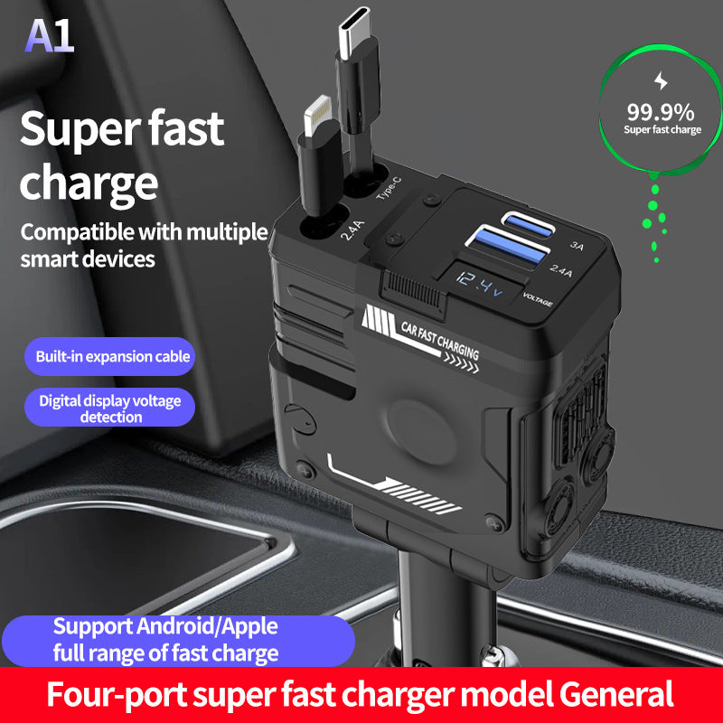 Compact Retractable Car Charger with Fast Charging Ports