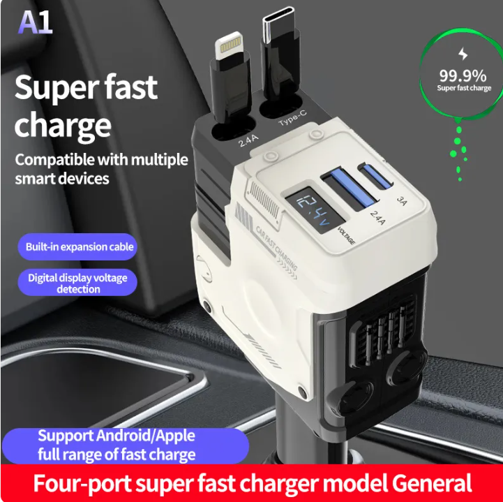 Compact Retractable Car Charger with Fast Charging Ports